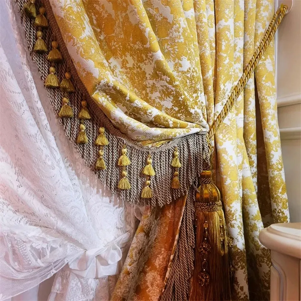American European Chic Drapes High End Custom Luxury Golden Velvet Chenille Curtains for Living Room Bedroom and Villa French