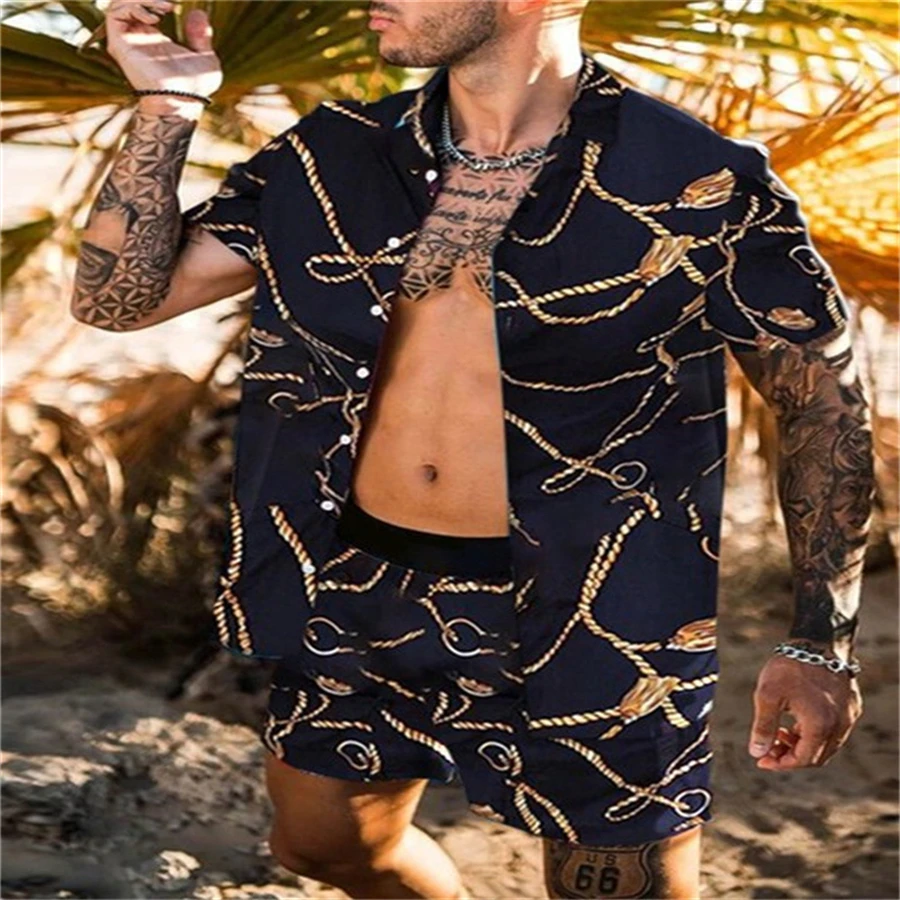 Men\'s Shirt Sets Men 3D Fashion Shirts+Shorts Two Piece Sets Hawaii Shirts European Luxury Shirts Suits Beach Outfit Male