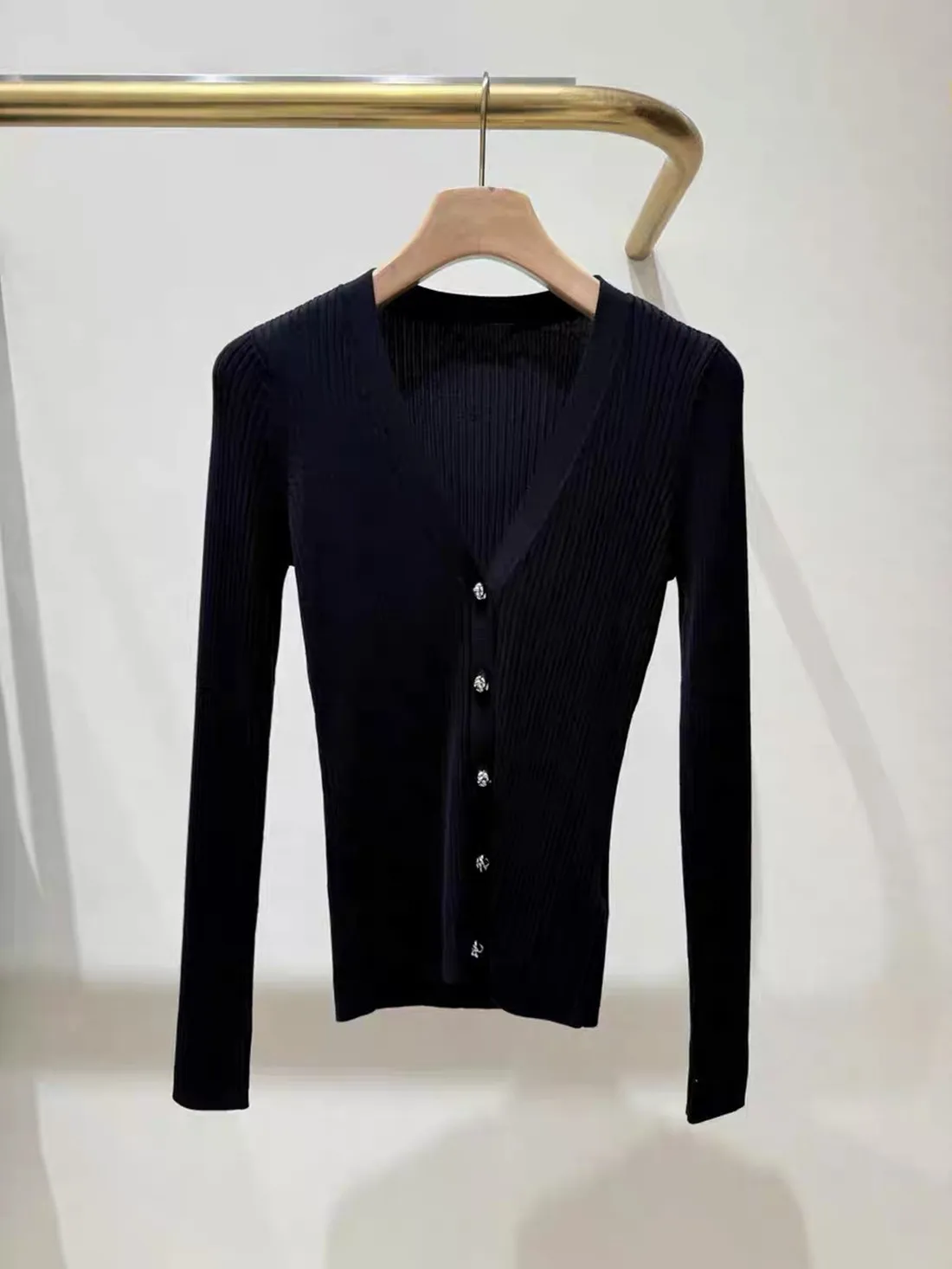 

Elegant Black V-Neck Knitted Sweater Women's Slim Fit Elastic French Style Cardigan Long Sleeve Button up Fashionable Top