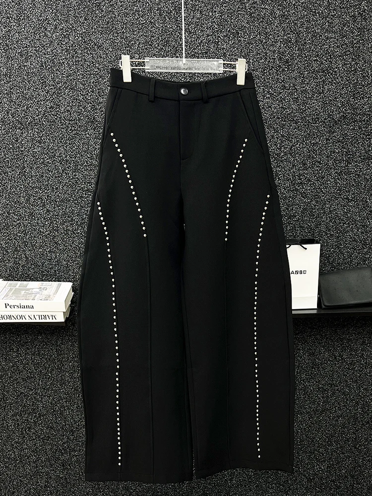 2025 New Korean Version of Scimitar Trousers Men's Fashion Casual Heavy Industry Willow Nails Loose Handsome Boys Mopping Pants