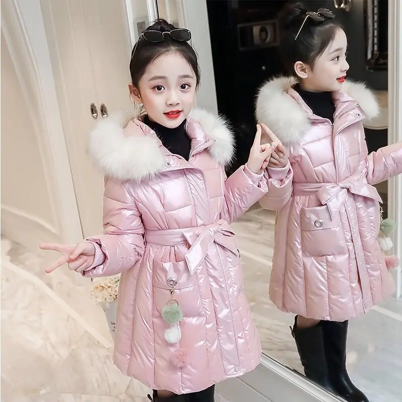 Girls' Cotton-padded Winter Jacket 2024 New Coat Teenage Children's Glossy Long Thickened Cotton Parkas Outerwear Big Girls