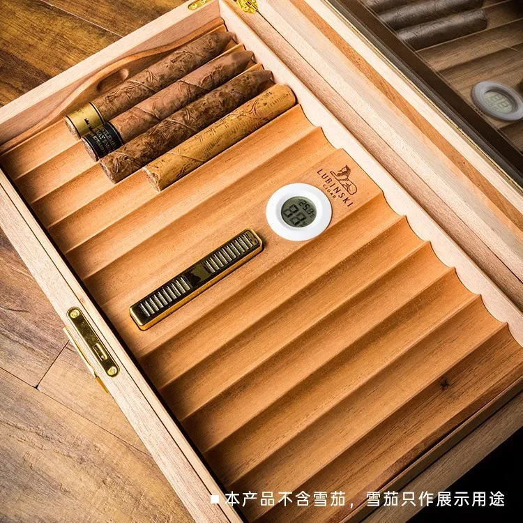 Portable Cedar Wood Cigar Humidor Piano Paint Cigar Humidor Fit for 50pcs Cigar Humidor Box with Hygrometer Humidifier Smoking