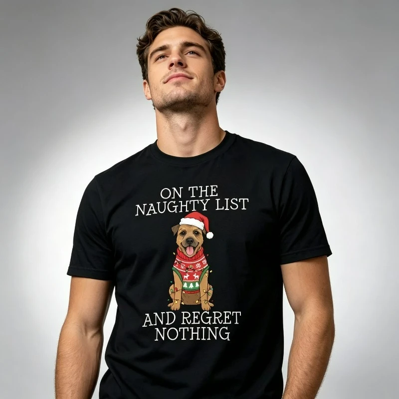 Christmas Dog Print Men T-Shirt, On the Naughty List And Regret Nothing Graphic Tee, Casual Short Sleeve  Shirt for Holiday Wear