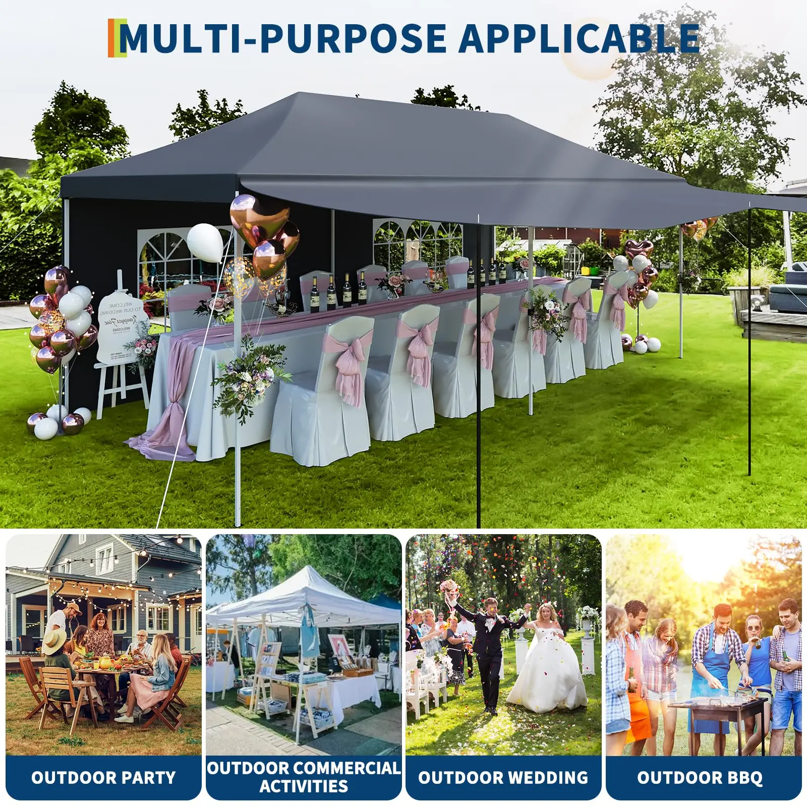 10X20 FT Heavy Duty Pop Up Party Tent with 5 Removable Sidewalls & PE Windows, 420d Oxford Fabric Commercial-Grade Outdoor Event Shelter for Weddings, Parties, Markets, and Backyard Gatherings