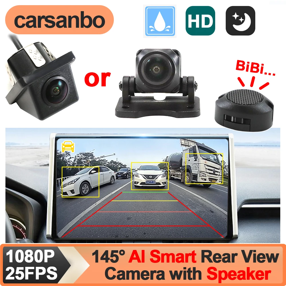 Carsanbo AHD 1080P AI Smart Rear View Backup Camera with Speaker 145° Wide Angle BiBi Alarm Pedestrian/Vehicle Detection Reverse