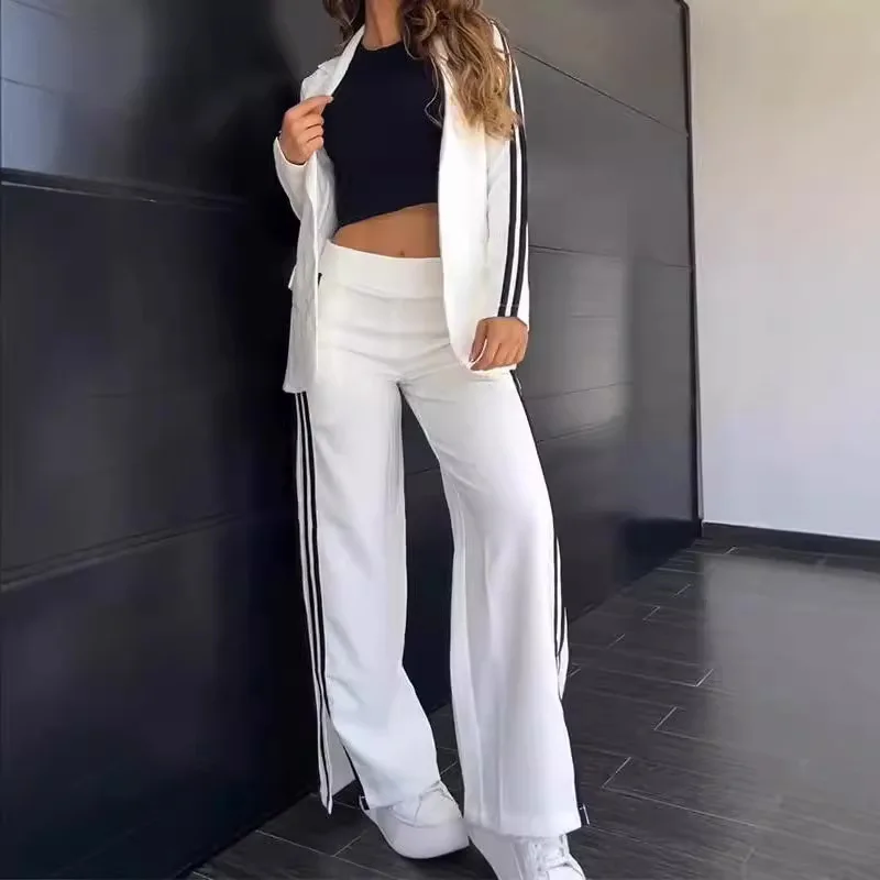 

Осенне-зимний повседневный женский костюм-двойка, широкие брюки, комплект джата с воротником, модная рабочая одежда, длинные брюки све