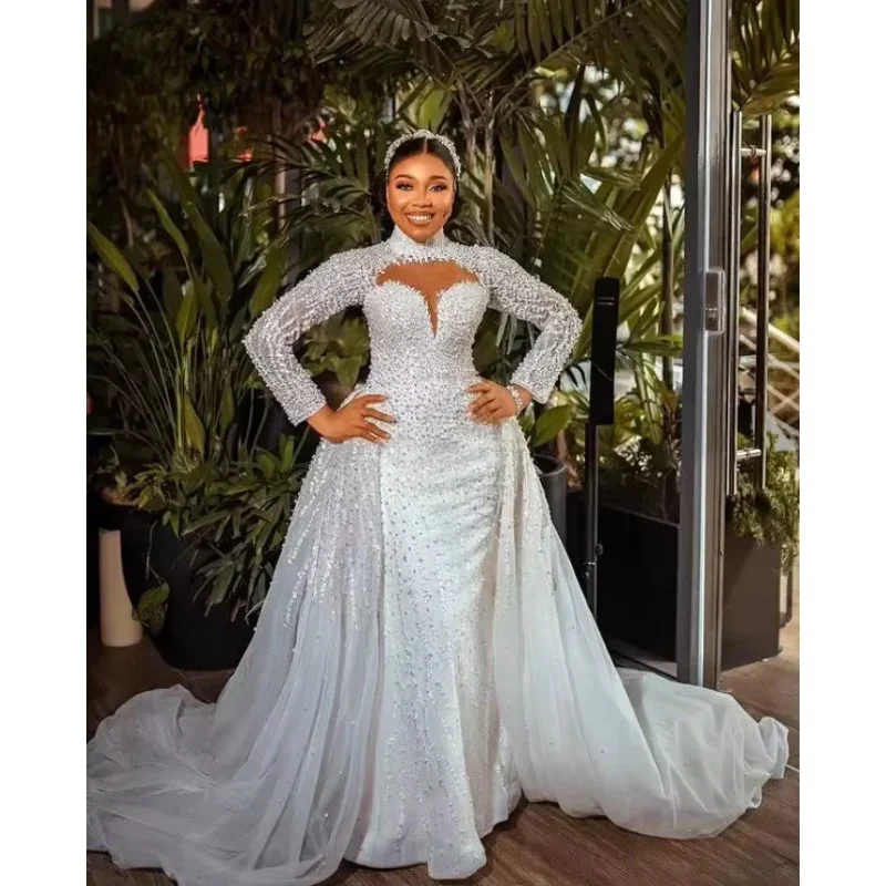 فساتين زفاف حورية البحر مخصصة مقاس كبير ذيل قابل للانفصال كم طويل لؤلؤ فاخر دانتيل مطرز فستان زفاف أفريقي Aso Ebi