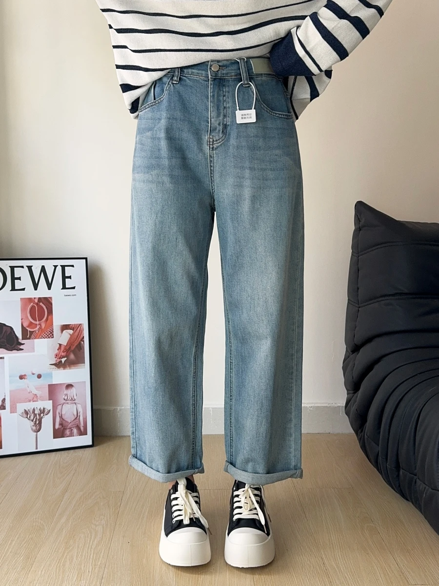 

Женские джинсы с высокой талией в стиле Харадзюку, весна-лето, свободный крой, модель «папины брюки», из хлопкового стрейч-денима, с эффектом потертости