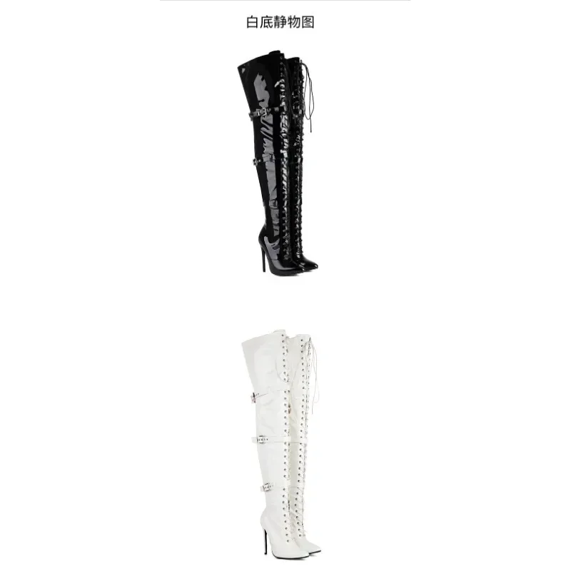 Lucyever Women Sexy Cross Tied Thigh High Boots Pointed Toe Thin High Heels Over The Knee Boots Patent Leather Shoes Woman 33-46