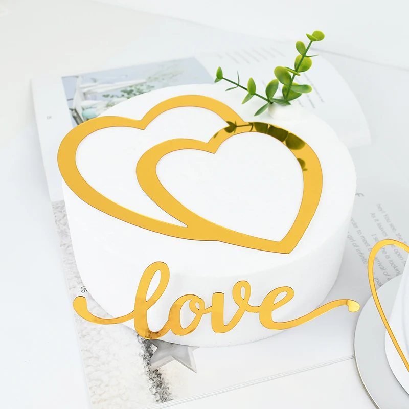 1/4pcs Heart Acrylic Wedding Cake Topper Gold Valentines Day Cake Toppers Anniversary Party Dessert Decor Birthday Baking Supply