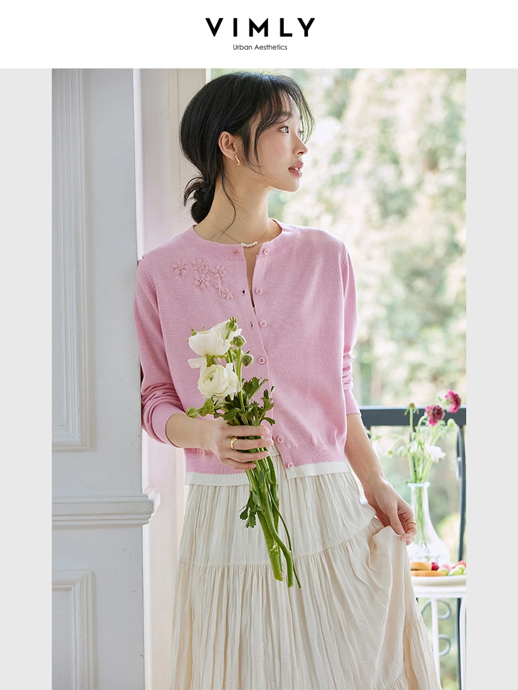 

VIMLY Pink Cardigan Woman 2025 Wool Blended Knitted TopsThree-dimensional Embroidery Long Sleeve Top Ladies Clothes 73927