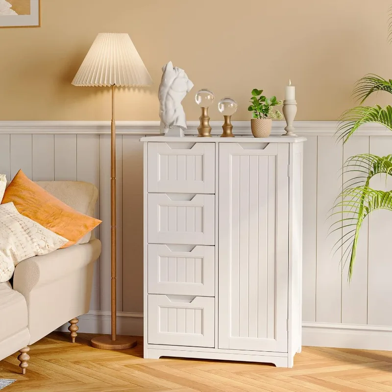 

Small Freestanding Pantry Cabinet with Door Shelves and 4 Drawers for Kitchen Bathroom Dining Room Storage White