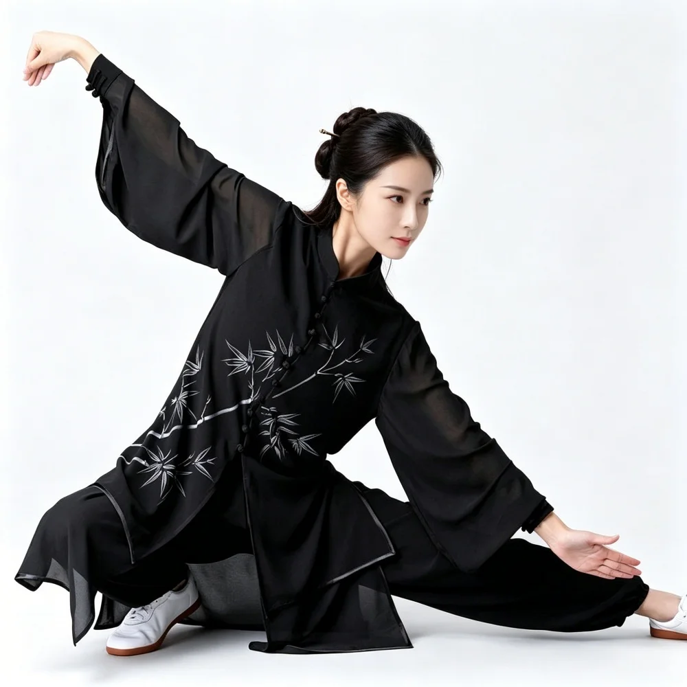 Unisex Tai Chi Uniform Chinese Kung Fu Wushu Costume Long Sleeve Handmade Crane Bamboo Print Set For Morning Exercise Competitio
