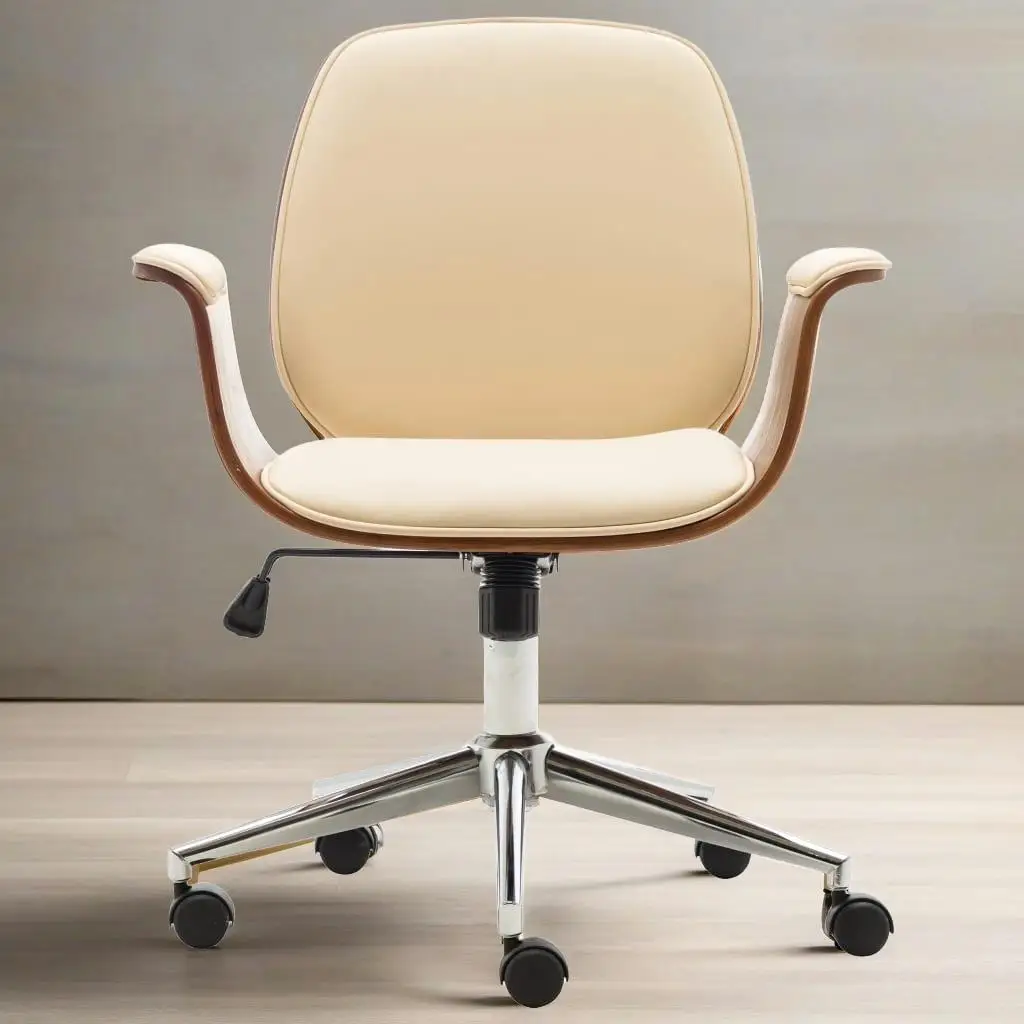 Ergonomic Cream Faux Leather Office Chair with Bent Wood Design