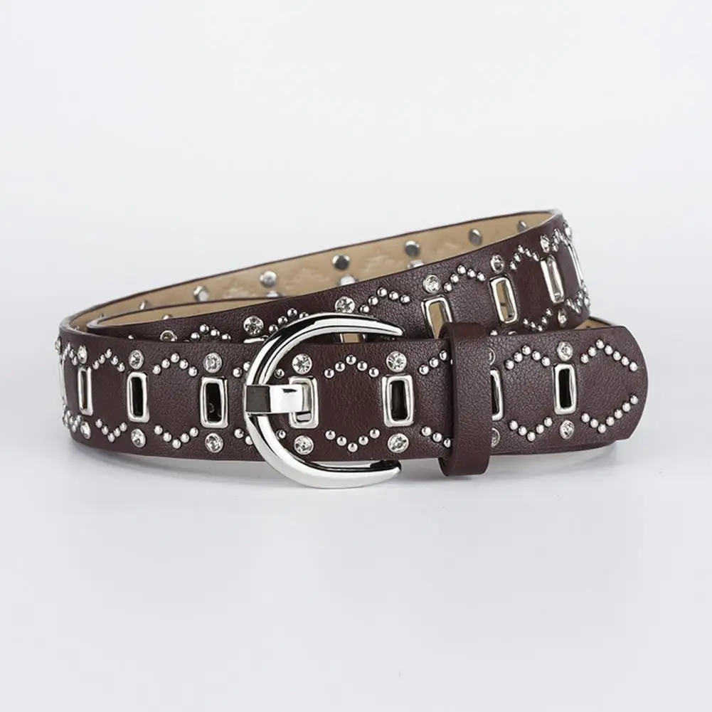 Metal Embellished Belt Punk Style Rivet Decor Women's Belt with Adjustable Length Multi Holes Design Faux Leather for A