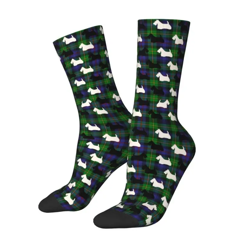 Blue Green Tartan Scottish Terrier Plaid Dress Socks Men's Women's Warm Funny Novelty Scottie Dog Crew Socks