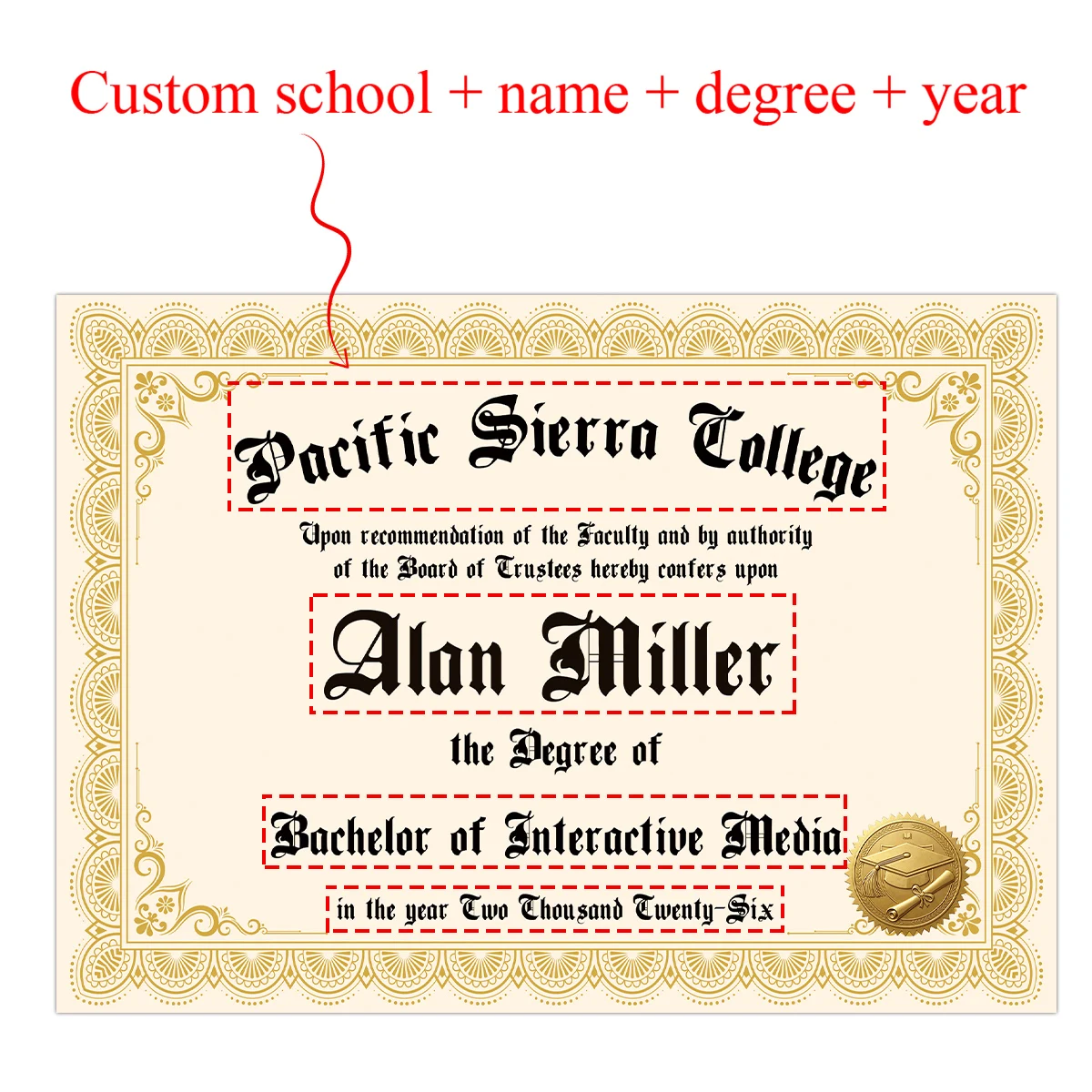 6 Stück personalisierte Diplom-Zertifikatskarten, personalisiert mit Schule, Name, Abschlussgrad und Jahr, gefälschtes Abschlussdiplom, für Party-Foto-Requisiten und Postkarten – Detail 7