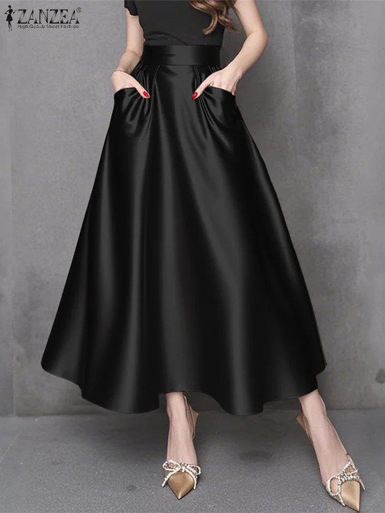 Fashion Women High Waist Party Skirt 2025 ZANZEA Summer Satin Jupe Elegant A-line OL Work Faldas Saia Stylish Maxi Long Skirts