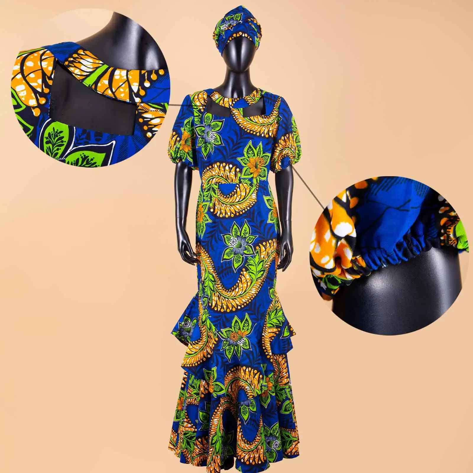 Evening Dresses African Dresses for Women Print Ruffles Maxi Dress with Free Headwrap Elegant Lady Party Wedding Gown Y2225020