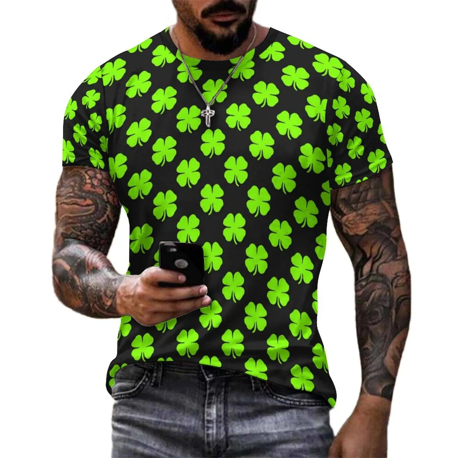 Shamrock Print T-Shirt For Couple Saint Patricks Day Custom O Neck T-Shirts Summer Novelty Tops Y2K Casual Oversized Tee Shirt