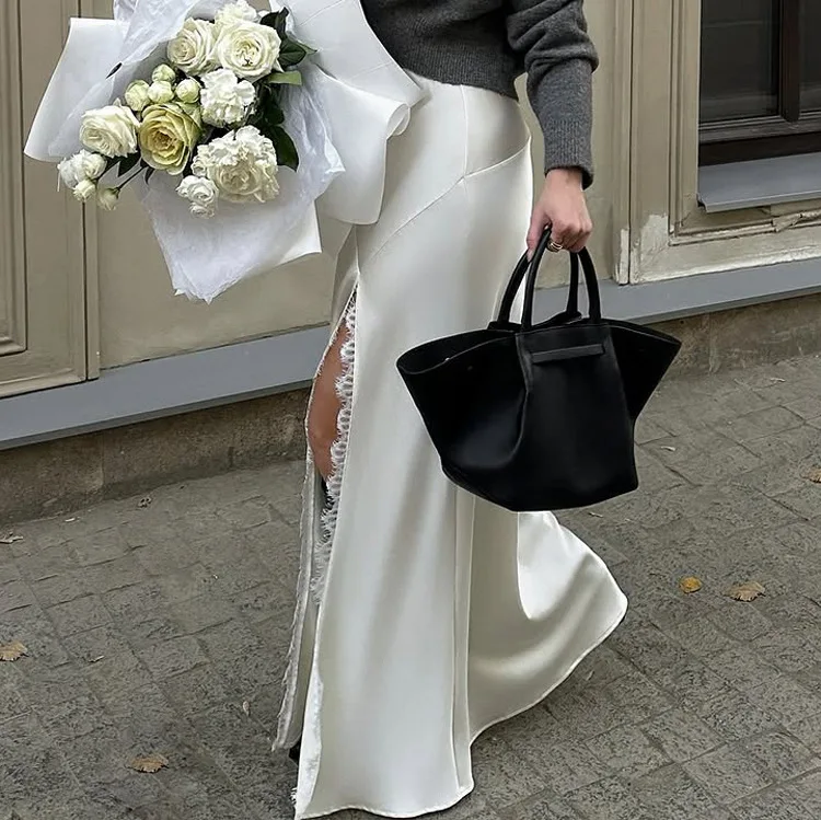 Sexy High Waist Long Skirts Elegant Classic Slit Skirt Female Clothing Autumn Fashion Loose White Satin Women's Skirt