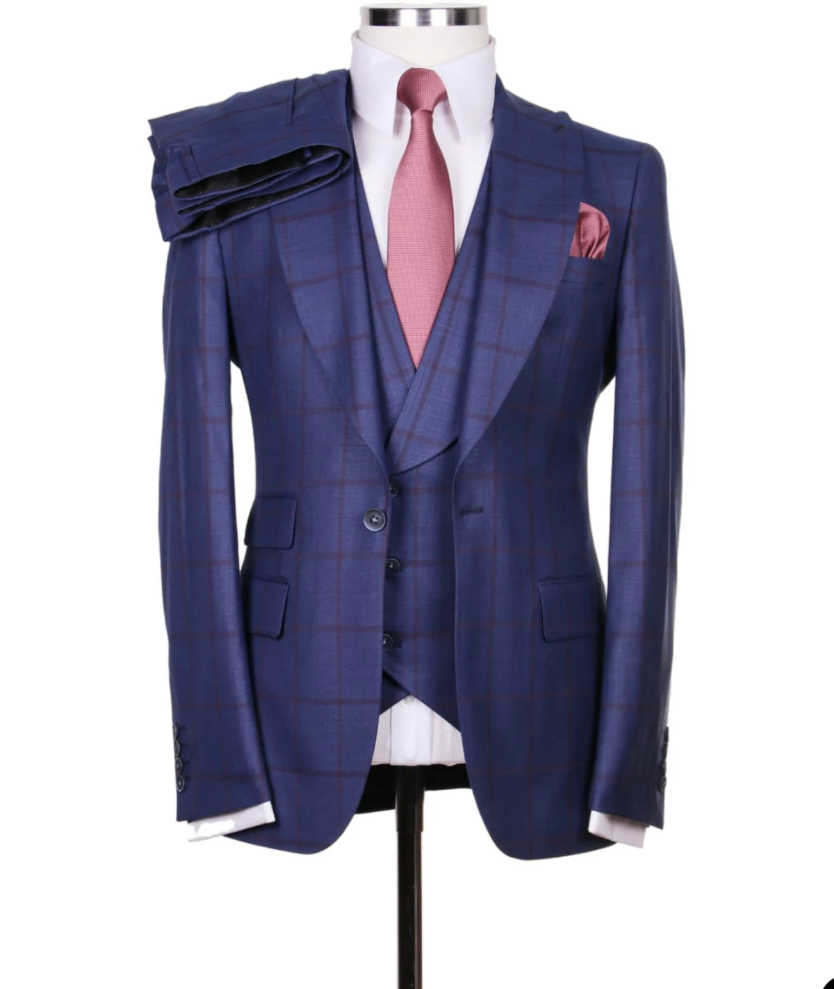 Plaid Men Wedding Suits Peaked Lapel Jacket Slim Fit Groom Wear 3 Pcs (Blazer+Pants+Vest)Business Office Custom Made