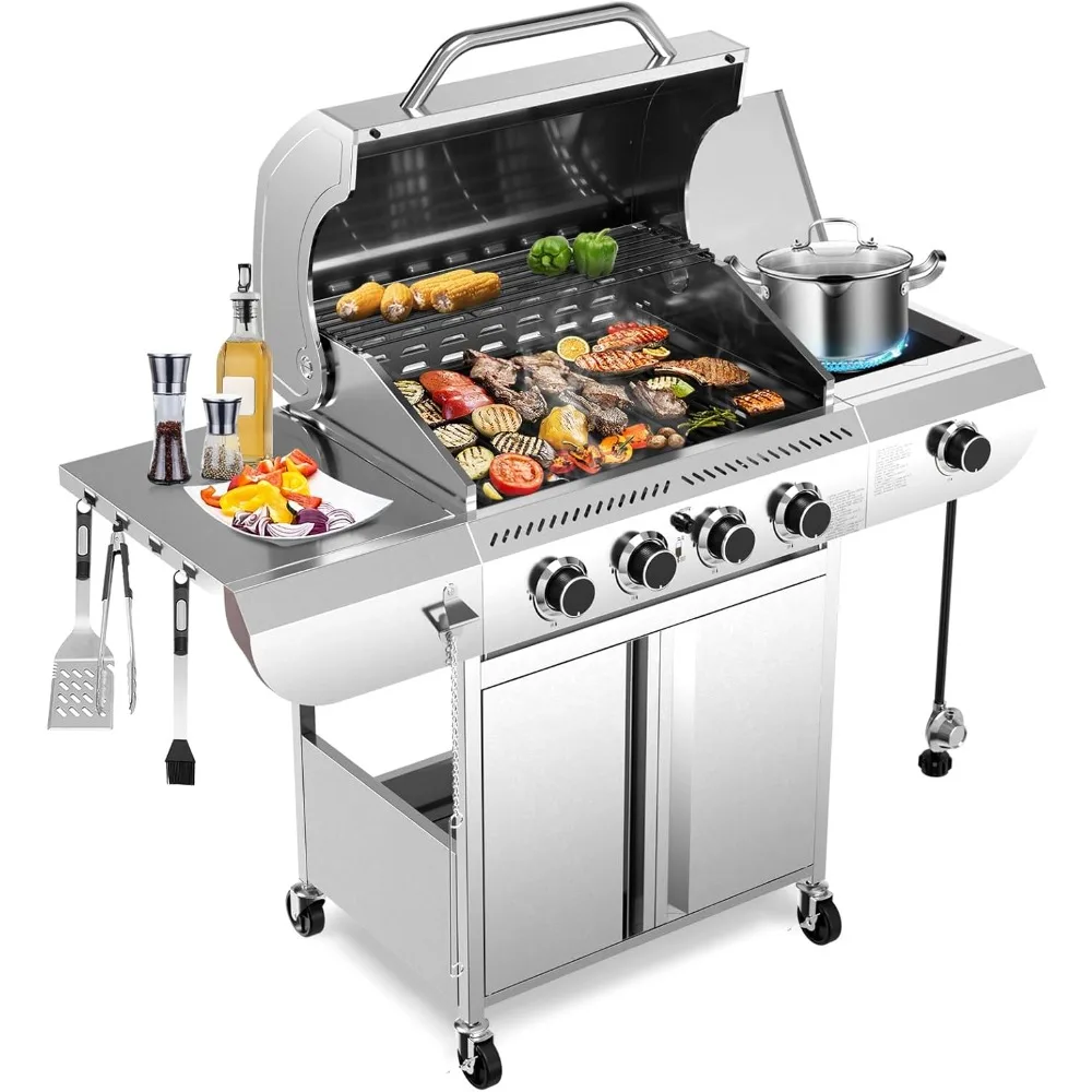 

Газовый гриль с 4 конфорками и боковой горелкой, пропановый гриль из нержавеющей стали 42000 БТЕ для приготовления пищи на открытом воздухе, с фарфоровой эмалью