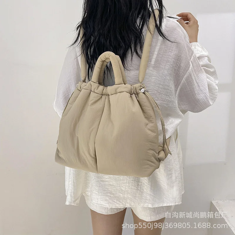 

2024 Casual Nylon Padded Tote Bag Vintage Large Capacity Shoulder Bag Women Lady Simple Handbag Drawstring Backpack