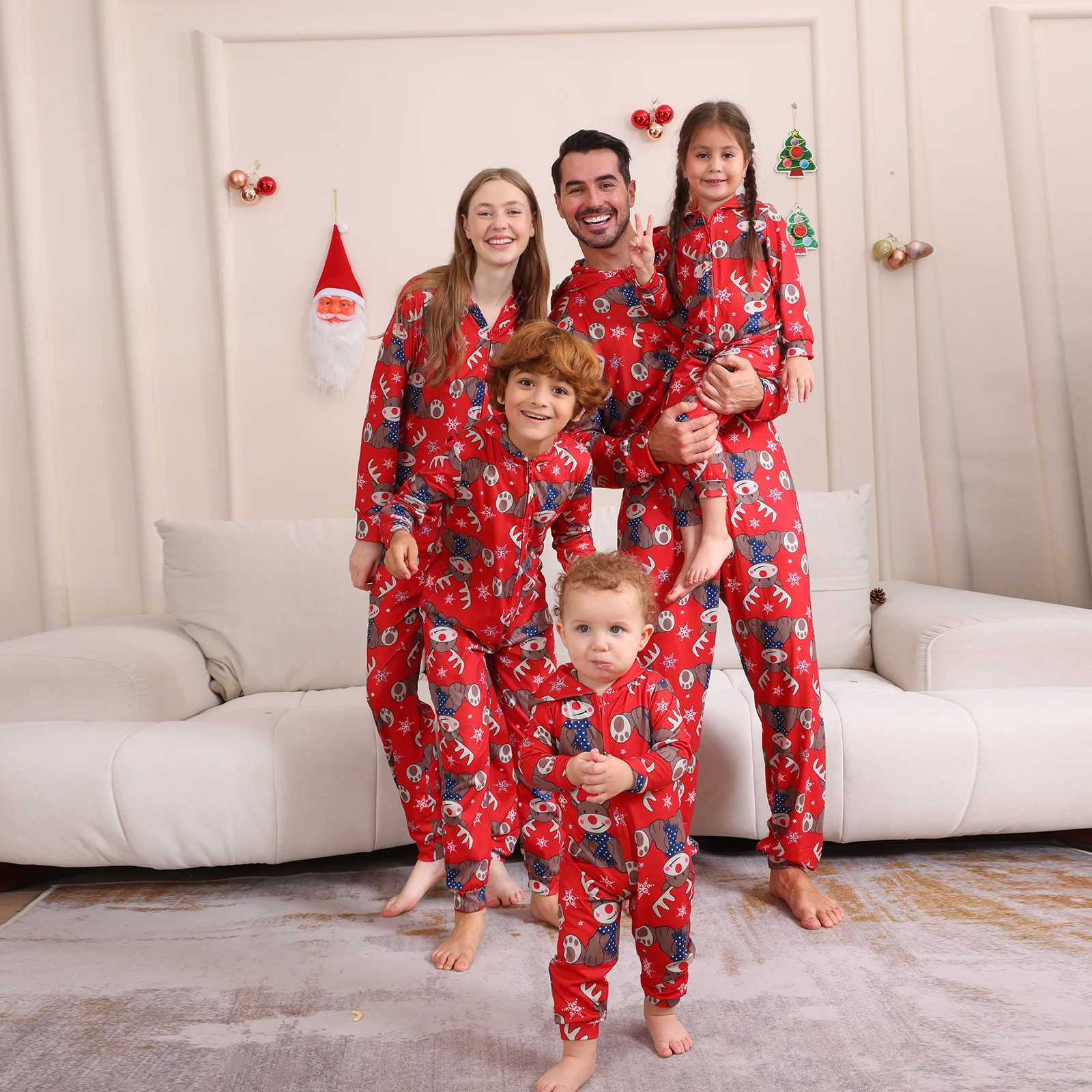 2024 Fashion Christmas Family Pyjamas Onesie Xmas Cartoon Print Hooded Family Matching Outfits Holidays Mother Kids Baby Clothes