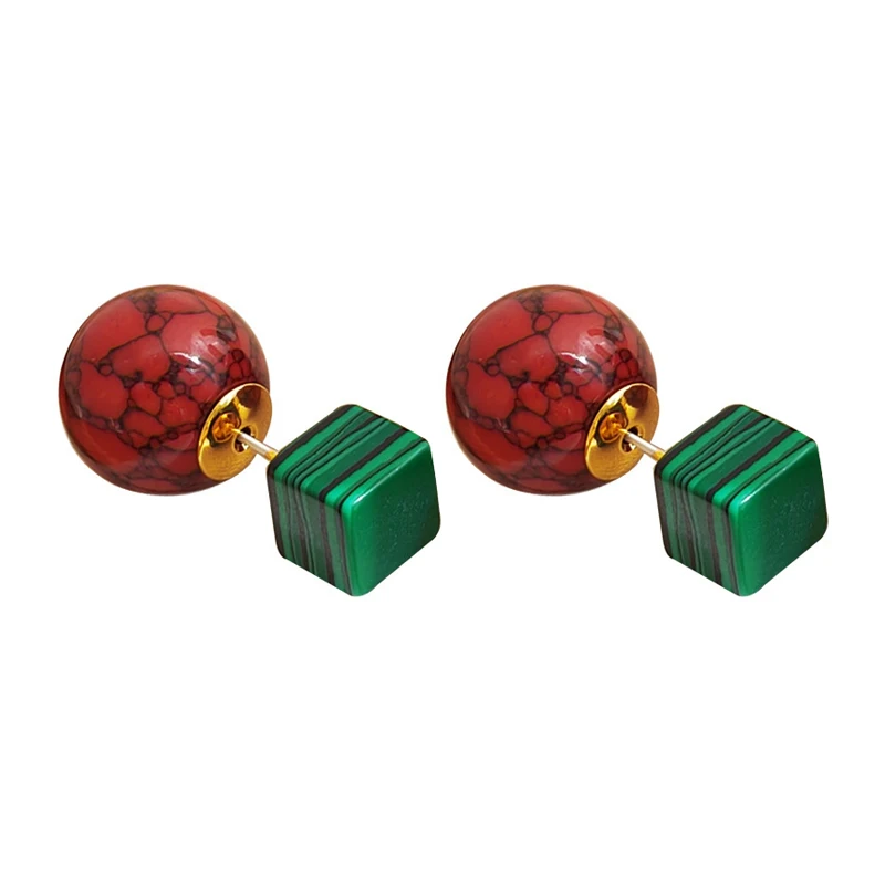 

Elegant Earrings for Women Artificial Round Red Turquoise Cube Malachite Geometric Design Studs Reversible Wearing Stud Earrings