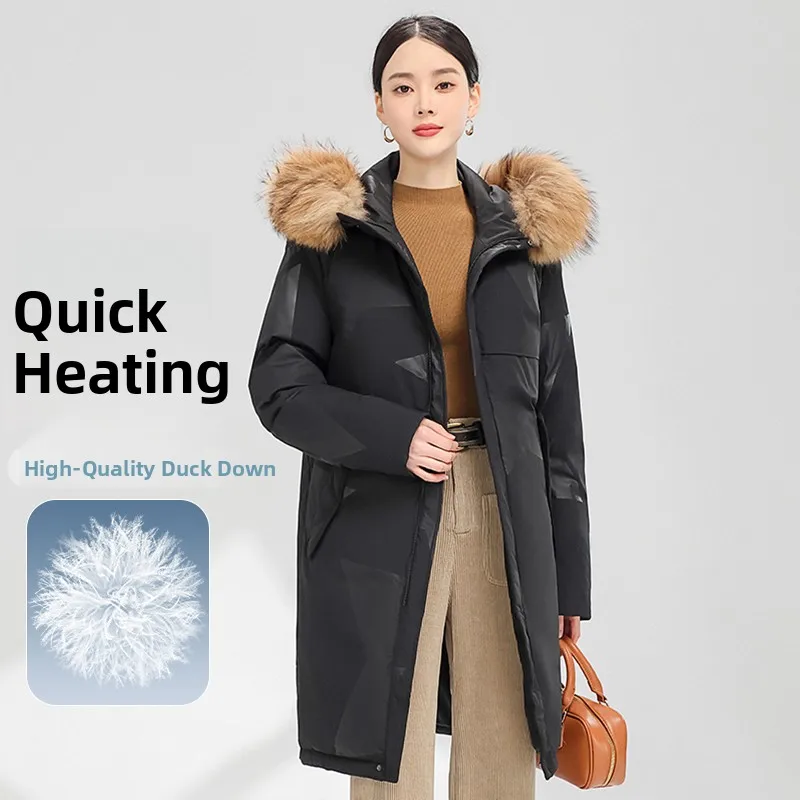

Comfortable Long Hooded down Jaet Women's Faionable Winter Coat Warm White Du Feather Fur Collar Zipper Closure Straigh...