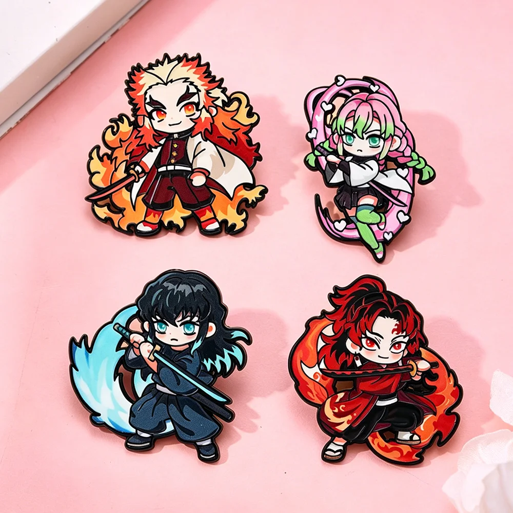 4 pzas. de broches de anime Demon Slayer, insignias coleccionables de esmalte Kimetsu No Yaiba, pines de solapa de Rengoku, Mitsuri, Yoriichi para amigos