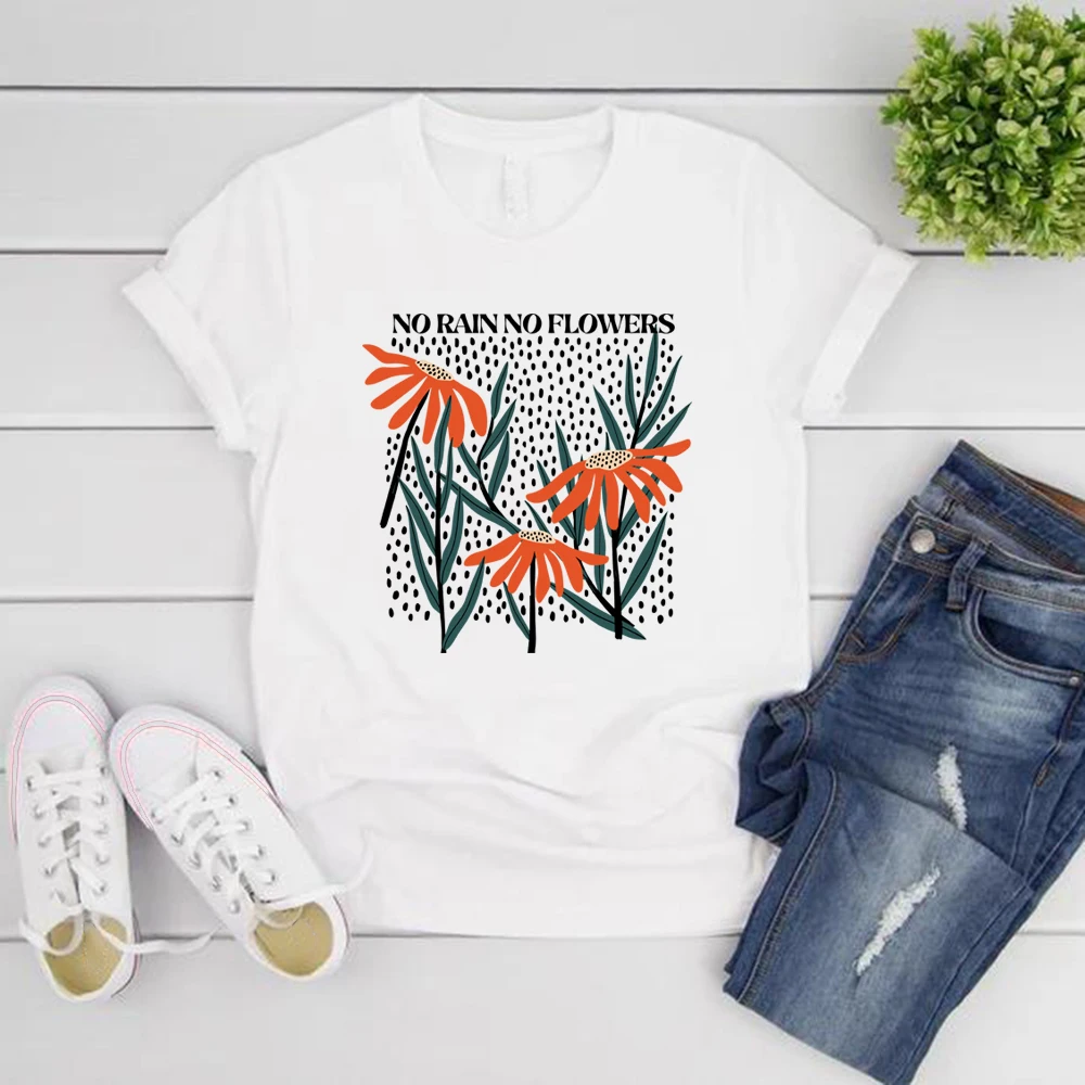 

Flower T-Shirt No Rain No Flowers Tshirt Floral Graphic Tees Women Casual Short Sleeve Tshirts Wildflower T-shirt Women Clothes