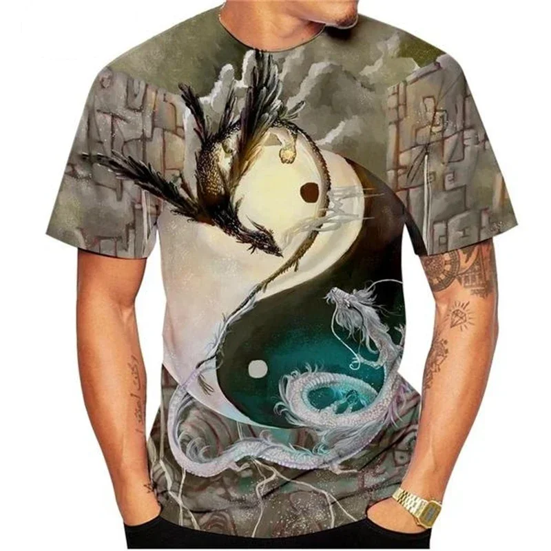 New Dragon Printing Unisex Kids Street Cool Short Sleeve Fashion Gossip Tai Chi Yin Yang 3d Printing Men's T-shirt