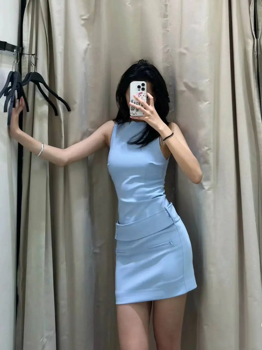 Dames zomer effen kleur mouwloos ronde hals mini-jurk elegante riem decoratie rits casual dames korte jurken 52Z0