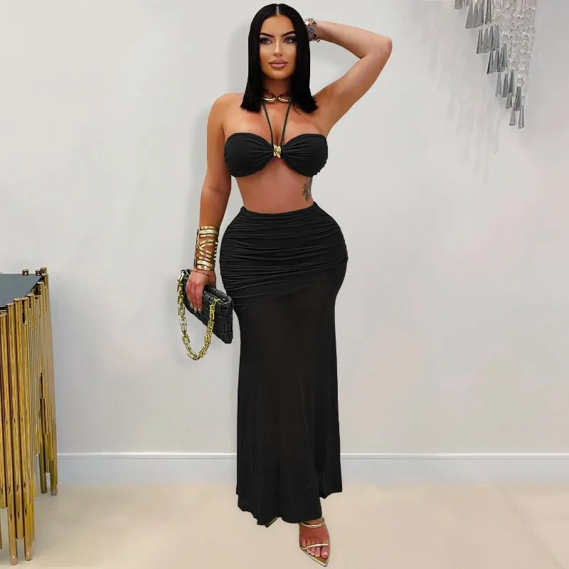 

Женский комплект из 2-х предметов для клубной вечеринки с металлической пряжкой и рюшами на шнуровке с лямкой на шее и открытой спиной + костюм с прозрачной сетчатой лоскутной облегающей юбкой макси