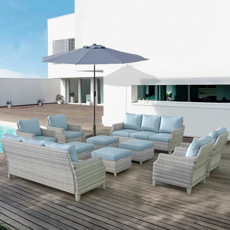 Modern PE Rattan Outdoor Sofa Set Blue 3-Seater with Footstool UV-Resistant Quick-Dry & Eco-Friendly for Outdoor Garden Use