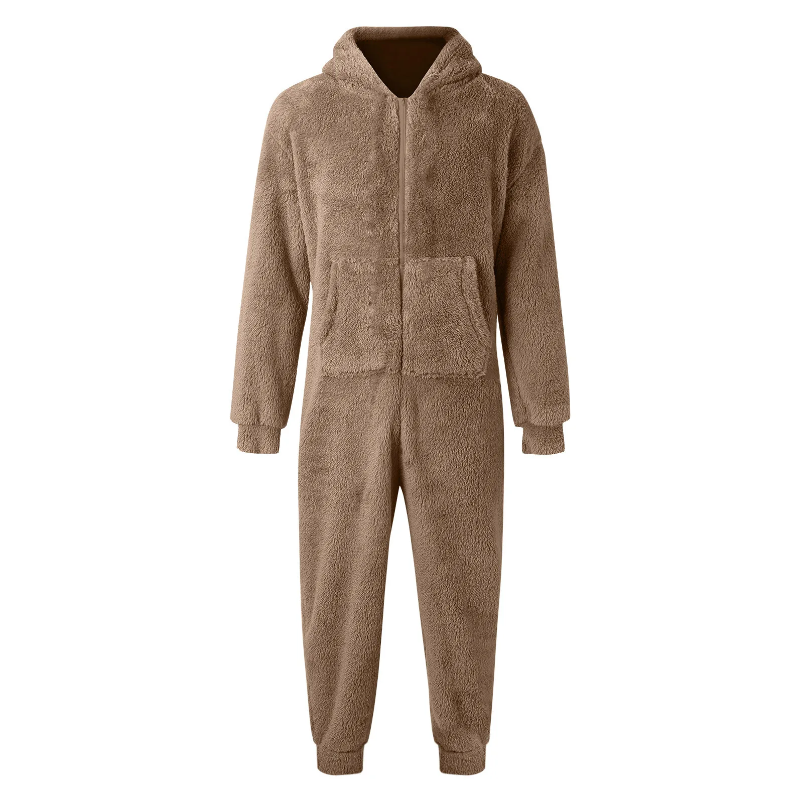 Men Artificial Wool Onesie Pajama Fall Winter Solid Color Warm Fleece Zipper Hooded Jumpsuit With Pockets Sleepwear Plush Romper