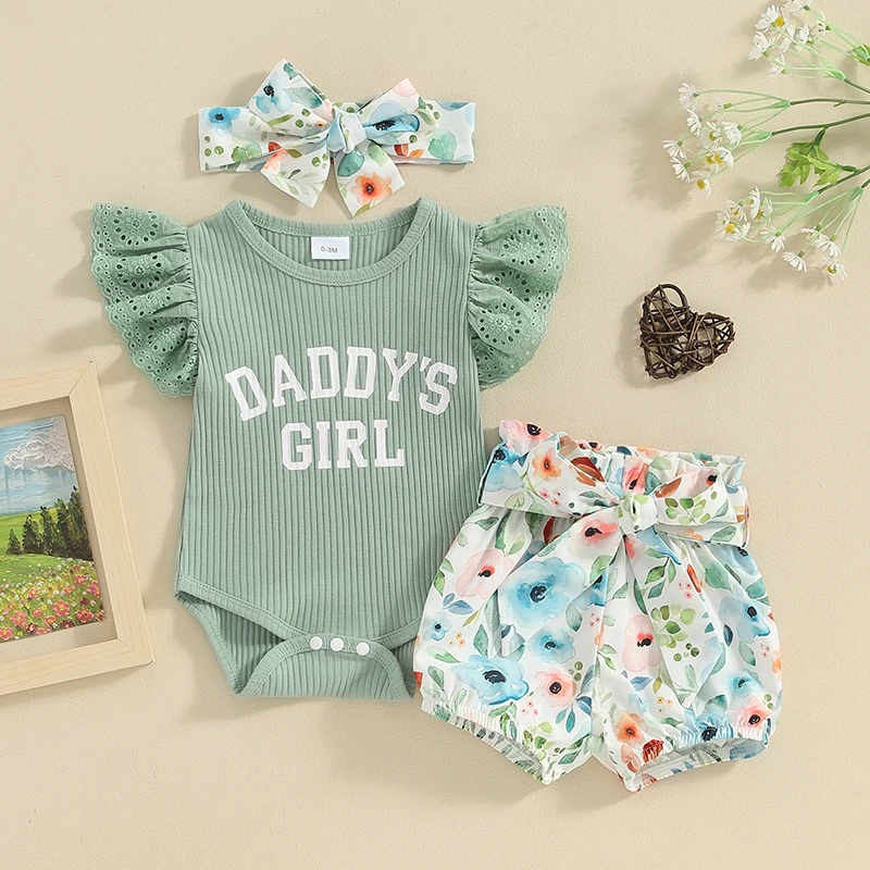 

0-6 Months Baby Girl Summer Outfits Letter Print Lace Fly Sleeve Rompers Floral Print Belt Shorts Headband 3Pcs Clothes Set