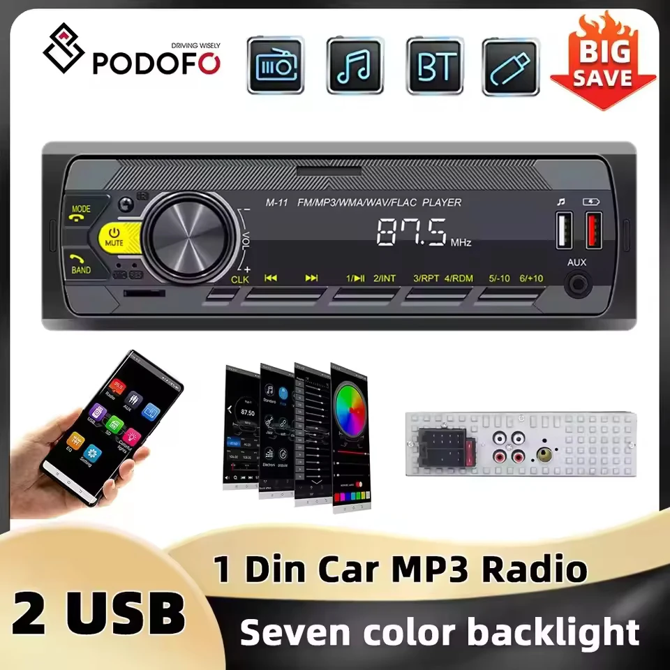 Podofo-reproductor MP3 con Control remoto para coche, Radio FM, Bluetooth, Audio, música, estéreo, USB/SD/AUX-IN, compatible con tarjeta TF, RCA, 1DIN, 12V
