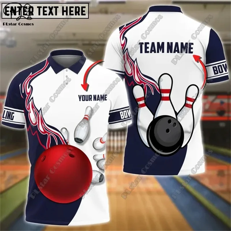 2024 Men\'s New Casual Bowling Customized Name 3D POLO Shirt Summer Flip Collar Button T-shirt Unisex Gift Indoor Sports Series