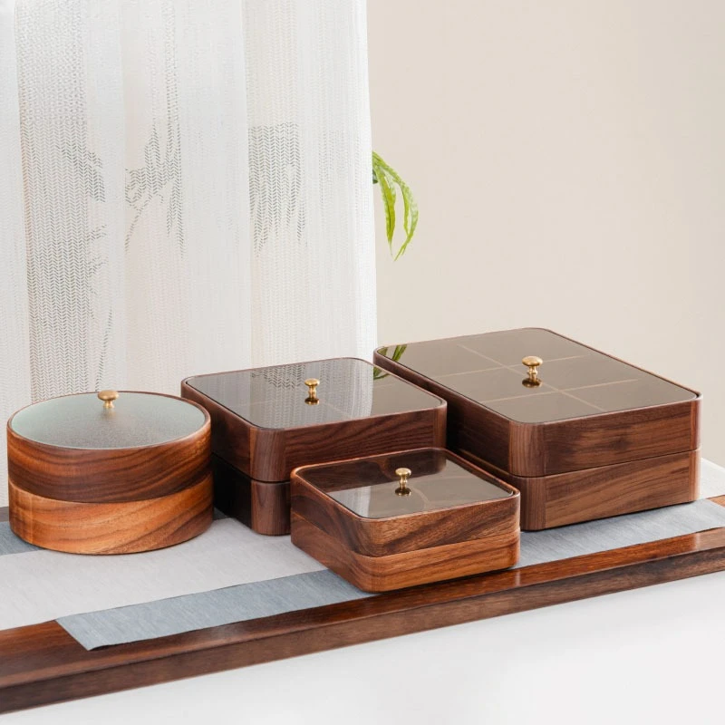 North American Black Walnut Snack Box with Lid Multi-layer Wooden Storage Box for Nuts Dried Fruits Candies