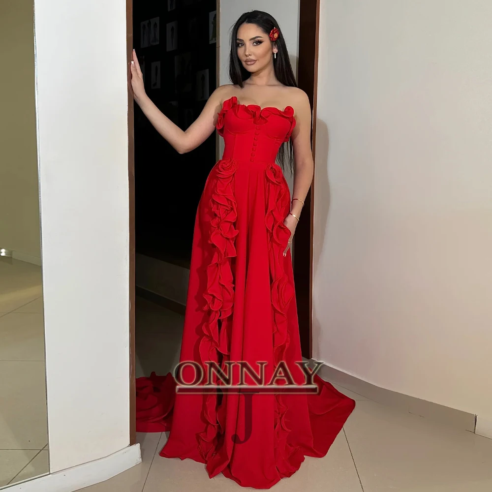 

Customized Fancy 3D Flowers Evening Dresses Strapless Ruffles Aline Sleeveless for Women Dubai Saudi Vestidos De Fiesta Plus