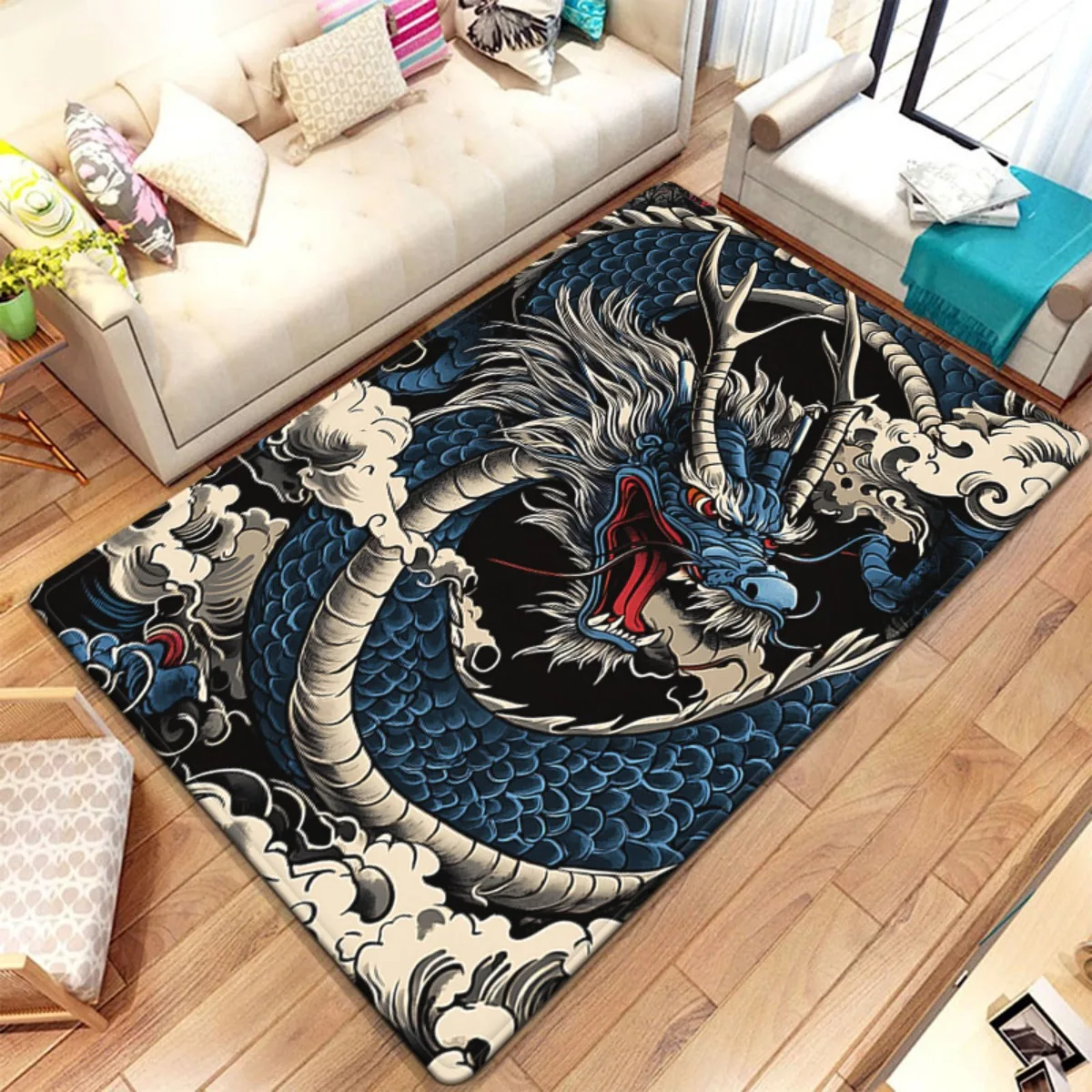 Blue Dragon Chinese Mythical Creature Crystal Velvet Rug Oriental Tattoo Art Living Room Floor Mat Asian Style Decor