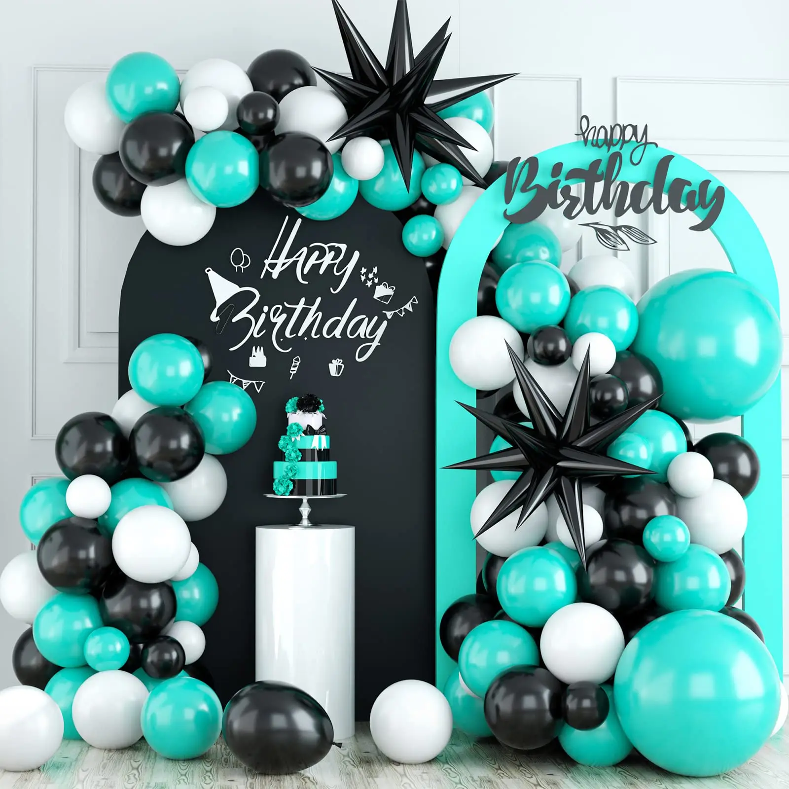 102-teiliges Türkis-Schwarz-Weiß Ballongirlanden-Set mit Stern-Folienballons für Geburtstagsfeiern, Babypartys und Hochzeitsdekorationen