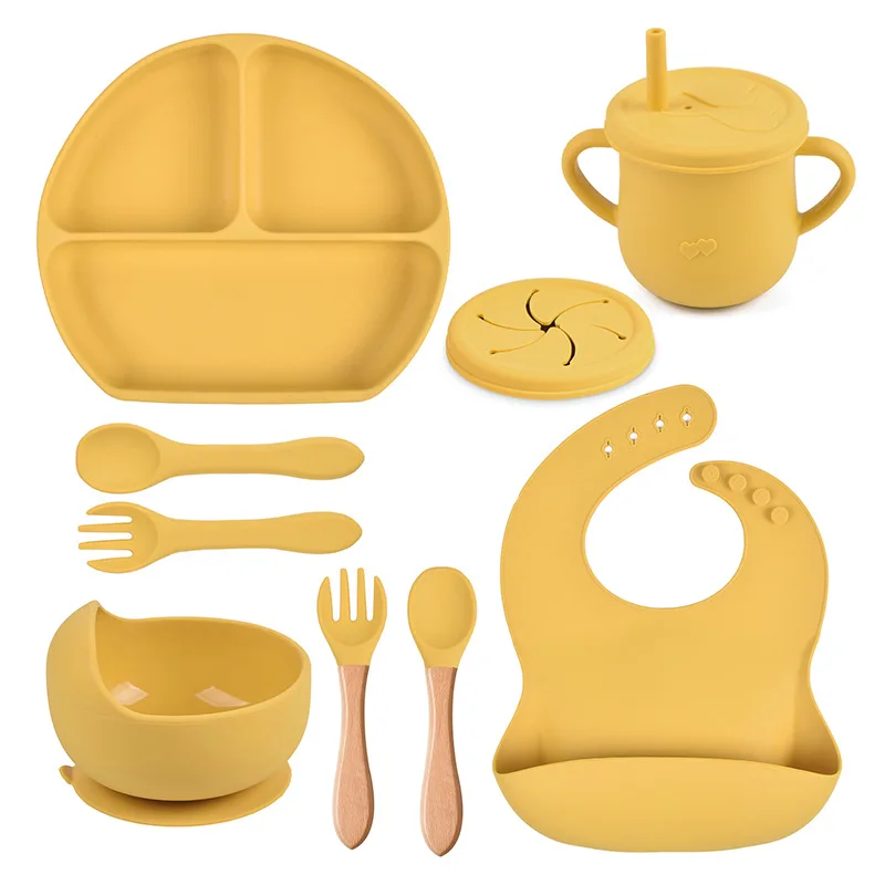 

8PCS Tableware Kids Dining Table Baby Led Weaning BPA Free Nontoxic Spoon Set Bibs Suction Dishes Bowl Silicone Baby Feeding Set