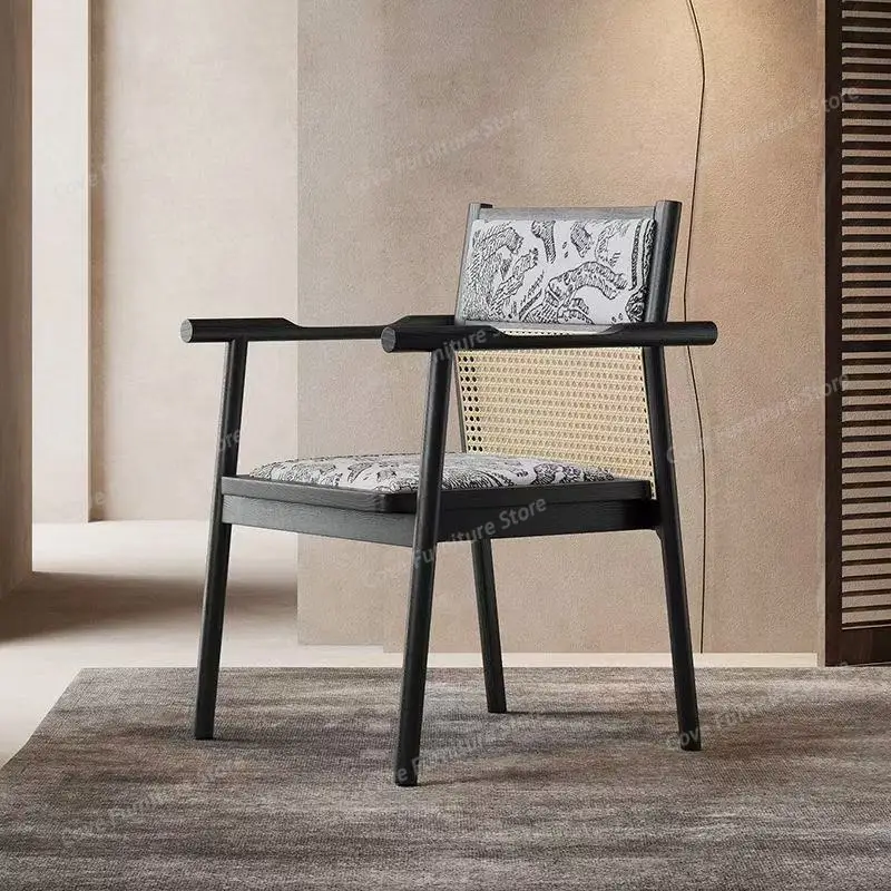 

Mid-Century Modern Accent Chair with Wood Frame, Rattan Backrest & Jacquard Fabric Cushion,Dining Chair for Living Room & Study