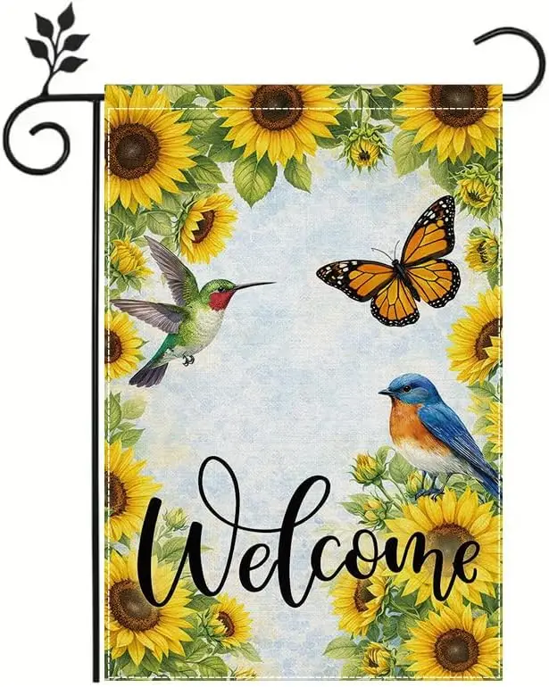 Sunflower Welcome Garden Flag Outdoor Garden Flag Bird Butterfly Flower Decoration Flag Double sided Durable Polyester Weath AAM