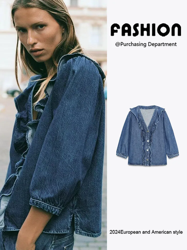 

Новое поступление, осенняя повседневная джинсовая куртка V-Ne Long Sve, женская модная многослойная рубашка, удобный крой, классический вид