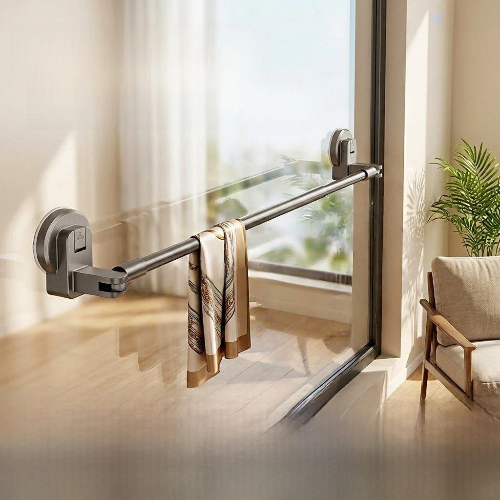 

Expandable Clothes Drying Rack Window Balcony Glass Staircase Suction Cup No Punching Required Home Use Stainless Steel Rod